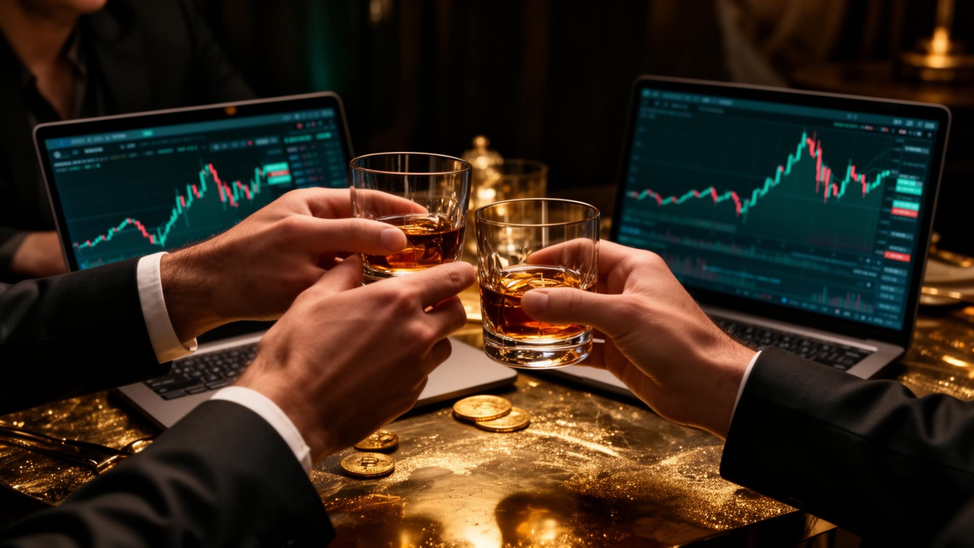 Crypto investors toasting over trading charts